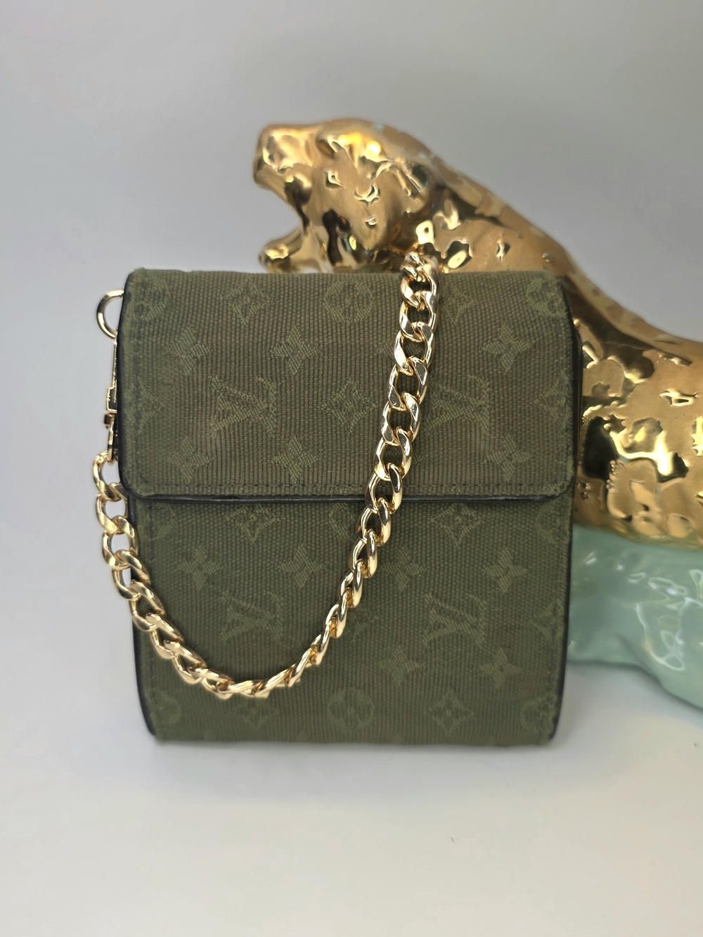 Louis Vuitton Green Mini Lin Denim Compact Fold Wallet W/ Chain ✨️